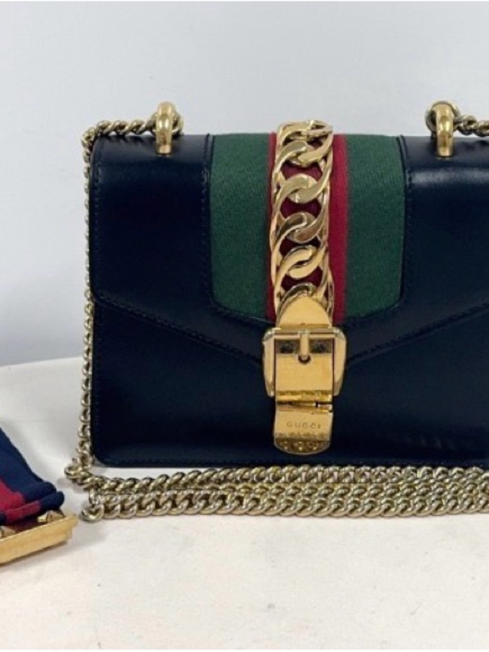 Gucci Black Leather Crossbody with Green and Red Web and Gold Chain